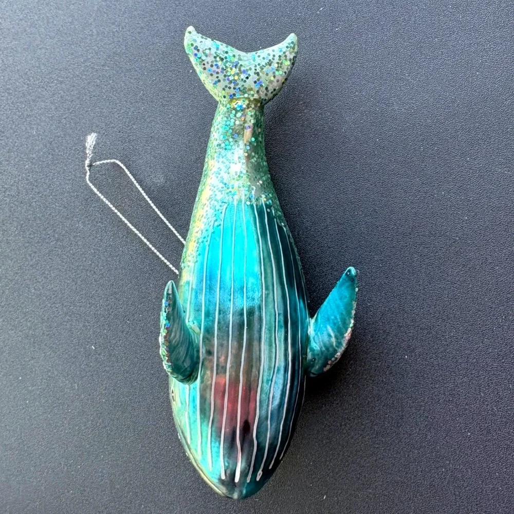 Blown Glass Humpback Whale Ornament Teal Turquoise Glitter Nautical‎ Christmas
